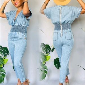 One Piece denim jumpsuit with smocked waist